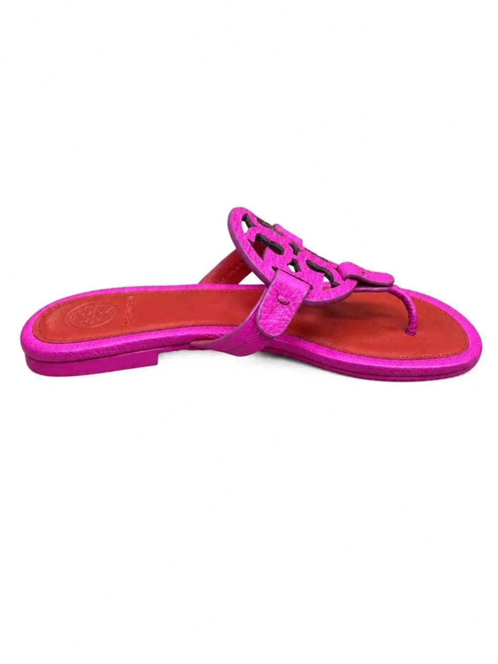 Tory Burch Miller Pink Magenta Leather Flat Thong Sandals Cutout Logo Size 5.5